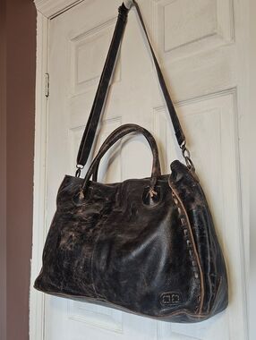 Bed|Stu Distressed Leather Shoulder Bag Black Rustic Boho Tote